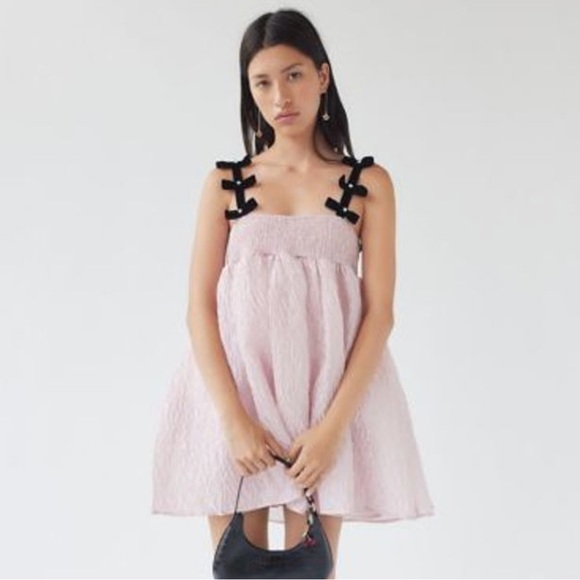 Bow Strap Babydoll Mini Dress / Pink / XS / Dream Sister Jane / Black bow straps - Picture 2 of 13